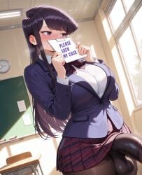 ai ai_art ai_generated bulge bulge_through_clothing bulge_under_clothes caption civitai covered_mouth covering dickgirl dickgirl_only futa_only futanari hi_res highres huge_balls huge_cock intersex komi_can't_communicate komi_shouko nervous pantyhose patreon penis_under_clothes penis_under_pantyhose pleated_skirt school_uniform schoolgirl schoolgirl_uniform shy sign signature skirt stable_diffusion twitter yuckle