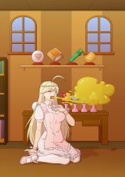 1girls aryoanggoro blonde_hair burp burp_cloud burp_fetish burping cute dress farting female miriam_(rabi_ribi) rabi-ribi shop shopkeeper