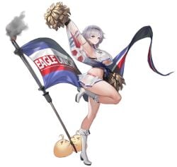 >_< arm_up armpits arms_up azur_lane bare_shoulders bird black_background black_hairband blue_eyes boots breasts cg cheerleader chick closed_mouth clothes_writing crop_top crop_top_overhang female flag from_side full_body grey_hair hair_between_eyes hairband holding holding_pom_poms knee_boots large_breasts leg_up long_hair looking_at_viewer manjuu_(azur_lane) midriff miniskirt navel official_alternate_costume official_art parted_hair pom_pom_(cheerleading) purple_eyes purple_sash reno_(azur_lane) reno_(biggest_little_cheerleader)_(azur_lane) sash see-through see-through_skirt see-through_sleeves shirt short_hair sideboob skirt sleeveless smile socks solo standing standing_on_one_leg thighs transparent_background underboob white_footwear white_skirt