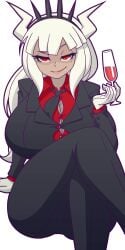 1girls business_suit color colored crossed_legs eyebrows_behind_hair female fully_clothed helltaker hourglass_figure lucifer_(helltaker) manyakis mole_(marking) mole_under_eye red_eyes seductive_smile solo solo_female solo_focus suit tagme transparent_background white_hair wine