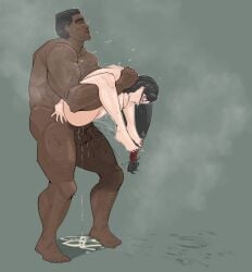 barret_wallace black_hair carrying_partner closed_eyes completely_nude completely_nude_female completely_nude_male cum_puddle dark-skinned_female drooling exhausted female_ejaculation final_fantasy_vii fucked_silly full_nelson half-closed_eyes interracial low-tied_long_hair muscular_male steaming_body sweat tifa_lockhart tokyoplip