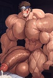 ai_generated beast brown_hair hairy hyper_balls hyper_muscles hyper_penis inuzuka_kiba kiba_inuzuka muscle_god muscle_growth naruto ninja