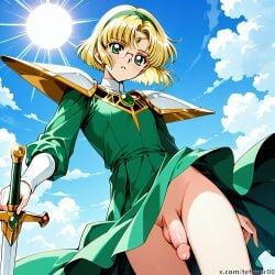 1boy 90s ai_generated balls blonde_hair dress femboy flat_chest fuu_hououji genderswap_(ftm) glasses green_eyes hairband holding_weapon magic_knight_rayearth male pauldrons penis retro_artstyle rule_63 sky solo sword tagme tehmar trap