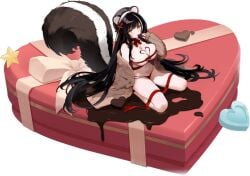 animal_ear_fluff animal_ears azur_lane bare_shoulders bikini black_background black_hair black_panties blush bow box breasts candy cardigan cg chocolate chocolate_on_body chocolate_on_breasts choker cleavage female finger_to_mouth food food_on_body fox_ears full_body gift gift_box heart heart-shaped_chocolate kneeling large_breasts large_tail long_hair looking_at_viewer mouth_hold multicolored_hair naganami_(azur_lane) naganami_(heartmelting_warmth)_(azur_lane) naked_ribbon navel off_shoulder official_alternate_costume official_art open_clothes panties red_ribbon simple_background sitting solo squirrel_ears squirrel_girl squirrel_tail stomach streaked_hair swimsuit tail thigh_strap thighs transparent_background two-tone_hair underwear very_long_hair wariza yellow_eyes