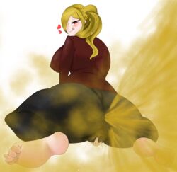 alternate_version_available ass_bigger_than_torso big_breasts blonde_hair blush breasts_bigger_than_head enjoying_farting fart fart_cloud fart_fetish farting female female_masturbation fingering fingering_self foot_fetish heart-shaped_pupils jeans looking_at_viewer looking_pleasured masturbation navi02 red_eyes simple_background smile thick_ass thick_thighs tongue tongue_out wide_hips
