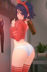ass ass_focus blue_hair female female_only legwear miside no_pants no_skirt panties school_bag short_hair short_haired_mita short_haired_mita_(miside) standing thigh_highs white_panties zacherry
