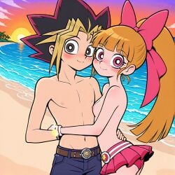 ai_generated beach cartoon_network hugging_from_behind momoko_akatsutsumi powerpuff_girls_z red_face romantic_couple shy topless yu-gi-oh! yugi_muto