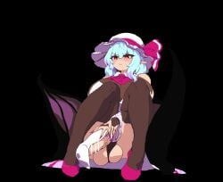 1girl animated ascot ass bangs bare_shoulders bat_wings black_background black_panties black_thighhighs blue_hair blush breasts bridal_gauntlets closed_mouth dress female fingernails full_body futanari hat hat_ribbon high_heels huge_breasts intersex large_breasts masturbation medium_hair mob_cap namako_(takorin) panties pink_footwear pointy_ears red_ascot red_eyes red_ribbon remilia_scarlet ribbon short_hair simple_background sitting solo spread_legs takorin thighhighs touhou underwear white_headwear wings