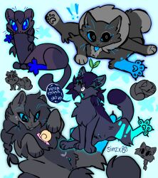 blue_eyes bodily_fluids braided_hair character_name cinderpelt_(warriors) claws digital_media_(artwork) domestic_cat felid feline felis female feral flower fur gastropod genital_fluids genitals grey_body grey_fur grey_hair hair hi_res leaf looking_at_viewer mammal mollusk multiple_poses nude personal_grooming plant polish_text pose pussy scar signature simple_background sinzx80 smile snail solo tail text tongue vulva warriors_(book_series) whiskers