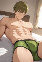 1boy abs ai_generated arm_support boxer_briefs boxer_briefs_only bsky_link bulge civitai dvxxxgrai free! gay green_boxer_briefs green_male_underwear green_underwear illustrious_(stable_diffusion) lying_on_bed makoto_tachibana male male_only navel nipples nude smile solo solo_male tachibana_makoto tagme underwear underwear_only yaoi