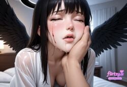 ai_assisted ai_generated angel angel_and_devil angel_wings bird_wings black_feathers black_hair black_wings blood blurry blurry_background blush breasts brown_wings cleavage closed_eyes depth_of_field feathered_wings feathers female flirtzy.ai halo hands_on_another's_face harpy lips long_hair mini_wings open_mouth shirt single_wing solo_focus spread_wings tears teeth wet white_shirt white_wings wings