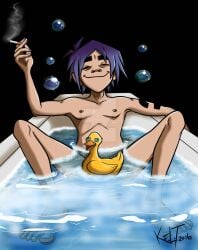 2016 2d_(gorillaz) barefoot bathtub cigarette_in_hand deviantart gorillaz naked_male relaxed_expression rubber_duck senshee solo_male