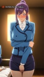 2girls arm_under_breasts backlighting bed blue_jacket blue_skirt blush breasts buttons closed_mouth collared_shirt cowboy_shot dress_shirt embarrassed female hand_on_own_arm have_to_peesung_jin-ah holding_own_arm indoors jacket large_breasts long_hair long_sleeves looking_down mature_female meitabuu miniskirt multiple_girls nose_blush office_lady pencil_skirt ponytail purple_eyes purple_hair shirt sidelocks skirt skirt_suit skirt_tug socks solo_focus solo_leveling standing white_shirt white_socks