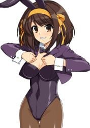 1girls breasts bunny_ears bunny_girl bunnysuit fake_animal_ears fake_tail female jacket large_breasts leotard pantyhose suzumiya_haruhi suzumiya_haruhi_no_yuuutsu tagme