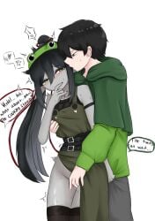 1boy 1boy1girl 1girls black_hair blushing dress female fingers green_eyes grey_skin holding indie_virtual_youtuber layna_lazar long_hair male short_hair stuttering szpecter vedal987 virtual_youtuber vtuber vtubers wet wet_pussy white_skin
