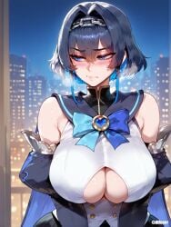 1girls ai_generated breasts difuxer female female_focus female_only hololive large_breasts light-skinned_female light_skin looking_away ouro_kronii solo underboob