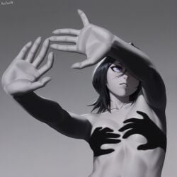 1girl ai_generated anijunai armpits black_hair bleach blush breasts collarbone dark gradient_background gray_background grey_background hair_between_eyes hand_shadow_covering_breasts_(meme) hands_casting_shadow kuchiki_rukia light_blush looking_at_viewer meme no_nipples nude open_hands outstretched_arms parted_lips purple_eyes shadow shadow_censor short_hair signature solo spread_fingers topless_female
