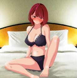 1girls arima_kana bare_arms bare_belly bare_calves bare_chest bare_hands bare_hips bare_knees bare_legs bare_midriff bare_navel bare_shoulders bare_skin bare_thighs bare_toes barefoot bed bed_sheet belly belly_button black_bra black_panties black_underwear blunt_bangs blush blush_face blushing_at_viewer blushing_female bob_cut bra breasts calves cleavage collarbone embarrassed embarrassed_expression embarrassed_female exposed_arms exposed_belly exposed_chest exposed_hips exposed_legs exposed_midriff exposed_navel exposed_shoulders exposed_skin exposed_thighs exposed_toes feet female female_focus female_only frilled_bra frilled_underwear full_body groin half_naked half_nude head_tilt high_resolution high_school_student highres indoor indoor_nudity indoors knees lean_figure legs legs_apart legs_spread looking_at_viewer medium_breasts medium_hair midriff naked naked_female naked_woman narrow_waist navel nipple_bulge nude nude_female nudity oshi_no_ko panties pillow pixiv_id_116320883 red_eyes red_eyes_female red_hair red_hair_female ribbon_panties school_girl semi_nude shame shoulders sitting sitting_on_ass sitting_on_bed slender_body slender_waist slim_waist solo spread_legs spreading_legs spreading_thighs teen_girl teenage_girl teenager thick_thighs thighs tilted_head toes underwear underwear_only white_bed white_bed_sheet white_pillow young_female young_woman