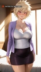 artist_name bed bedroom black_skirt blonde_hair blush boku_no_hero_academia breasts camisole cardigan cleavage closed_mouth collarbone cowboy_shot day female indoors large_breasts lips long_sleeves looking_at_viewer mature_female meitabuu miniskirt mitsuki_bakugou my_hero_academia open_cardigan open_clothes patreon_logo patreon_username pencil_skirt pillow purple_cardiganbakugou_mitsuki purple_skirt red_eyes shirt short_hair skirt smile solo spiked_hair standing sunlight thighs white_camisole white_shirt window
