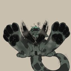 2_penises angry anonymous_artist anthro bodily_fluids feet foot_fetish foot_focus genital_fluids genitals hi_res humanoid knot knotted_penis leaking_precum looking_at_viewer lying male multi_genitalia multi_penis musk musk_clouds musky_penis on_back pawpads paws penis precum presenting slit_penis solo splynter sweat sweatdrop