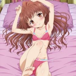 alisa_takanomiya arms_up bangs blush brown_eyes brown_hair feet female flat_chest head_tilt legs_together long_hair looking_at_viewer on_back one_knee_up pink_bra pink_panties soles solo
