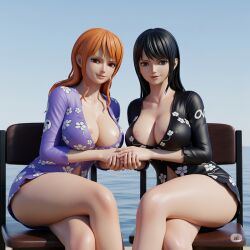 3d ai_assisted ai_generated artist_request big_breasts breasts clothing crossed_legs female female_only nami_(one_piece) nico_robin one_piece perfect_body