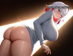 ai_generated ange_katrina ass blue_eyes blush breasts coat crossed_bangs dress female from_below grin hair_between_eyes hair_intakes hair_ornament hand_up heart huge_ass huge_breasts large_breasts lize_helesta long_hair long_sleeves looking_at_viewer looking_back medium_hair meitabuu multicolored_hair multiple_girls nijisanji parted_lips red_hair smile solo standing thick_thighs thighs triangle_hair_ornament virtual_youtuber white_hair