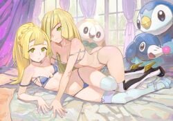 2girls all_fours alternate_costume ass bikini blonde_hair blue_bikini blue_shoes breasts character_doll closed_mouth collarbone commentary_request curtains day doll double_strap_slip eyelashes eyeshadow female green_eyes high_heels indoors lillie_(pokemon) long_hair looking_down lusamine_(pokemon) makeup mother_and_daughter multiple_girls nintendo piplup plushie pokemon pokemon_sm popplio rowlet shoes smile swimsuit thighhighs window yugen99