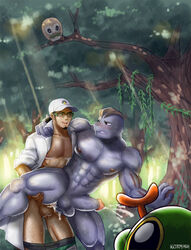 2boys abs anal anal_sex anthro ash_(artist) bara blush brown_hair caterpie color cum cum_inside cumshot erection facial_hair forest generation_1_pokemon generation_7_pokemon glasses hair human humanoid_penis interspecies kukui_(pokemon) machoke male male_only mammal multiple_boys muscle muscles nintendo outdoors pecs penis pokemon pokemon_(species) pokemon_sm pokephilia rowlet sex smile sweat teeth testicles text tree wince yaoi