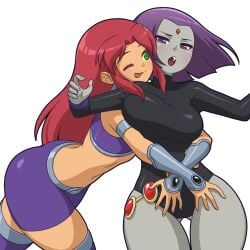 2girls ass big_breasts black_leotard boots breasts cartoon_network choker clothed clothed_female color colored dc dc_comics demon_girl female female_only footwear forehead_jewel grey_skin handwear leotard manyakis non-nude purple_eyes purple_hair rachel_roth raven_(dc) short_purple_hair starfire superheroine tagme teen_titans transparent_background