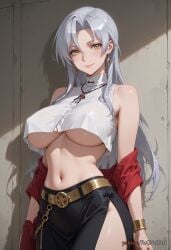2025 ai_generated bangs bare_shoulders belt black_skirt blush bracelet breasts closed_mouth cowboy_shot crop_top earrings female female female_focus grey_hair jewelry kiba_mikoto large_breasts long_hair looking_at_viewer midriff navel necklace nsfw off_shoulder parted_bangs rognezart shirt side_slit skirt sleeveless sleeveless_shirt smile solo triage_x underboob white_shirt yellow_eyes