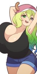 1girls arms_behind_head big_breasts black_tank_top blonde_hair blue_hair breasts cleavage clothing color colored dragon dragon_girl female female_only green_hair hair_between_eyes hat heterochromia horns looking_at_viewer manyakis miss_kobayashi's_dragon_maid multicolored_hair open_smile quetzalcoatl_(dragon_maid) shorts solo tagme tank_top transparent_background