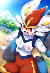 ai_generated cinderace female furry lucario male male/female pokemon pokemon_(species) tits_out
