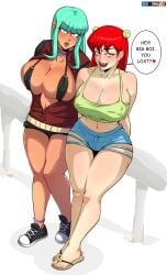 27lsd 2girls big_breasts bikini blue_eyes breasts brown_hair brown_skin eli_(27lsd) feet female green_hair jewelry looking_at_viewer navel_piercing original original_character red_eyes red_hair sandals text thick_thighs topless twennety_(27lsd)