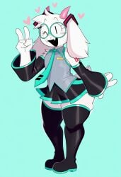 absurd_res ai_generated anthro blush boots bottomwear bovid caprine clothed clothing cosplay cute_fangs deltarune eyewear female footwear fur gesture glasses goat hatsune_miku_(cosplay) heart hellsonger hi_res horn legwear mammal one_eye_closed open_mouth ralsei simple_background skirt smile solo thick_thighs thigh_highs undertale_(series) v_sign vocaloid white_body white_fur wide_hips wink