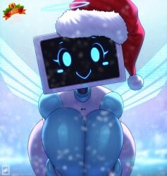 2021 absurd_res big_breasts breasts christmas christmas_clothing christmas_headwear clothing electronics female hat headgear headwear hi_res holidays huge_breasts humanoid looking_at_viewer machine monitor pc_bot_(walter_sache) robot robot_humanoid screen screen_face snow solo text walter_sache