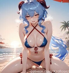 1boy 1girls ai_generated beach bikini bikini_bottom bikini_top blue_bikini blue_eyes blue_hair blush cowgirl_position cum cum_in_pussy cum_inside female ganyu_(genshin_impact) genshin_impact goat_horns horns male navel patreon patreon_username water xzollosez