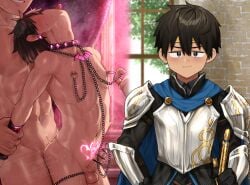 3boys anal arm_held_back black_hair blue_eyes closed_mouth commentary_request completely_nude group_sex highres knight komorebi_(artist) male_focus mmm_threesome multiple_boys multiple_views navel nipple_chain nude original paid_reward_available parted_lips penis pubic_tattoo sex short_hair tattoo testicles threesome tongue tongue_out very_short_hair yaoi
