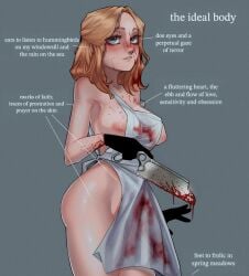 apron apron_only black_gloves blood_on_face blood_stain blue_eyes breasts_out freckles freckles_on_face ginger_hair gloves golden_hair medical_instrument meinkatzchen meme original_character pink_nipples scars selina_(meinkatzchen) text
