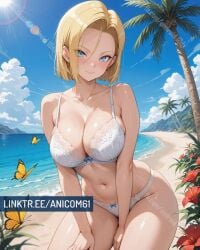 2025 ai_generated android18dx android_18 anicom61 anime beach_background belly blonde_eyebrows blonde_hair_female blue_eyes_female closed_mouth crunchyroll dragon_ball hands_on_legs instagram looking_at_viewer manga meta mouth_closed pink_cheeks smile_at_viewer smiling_at_viewer toei_animation tummy white_lingerie