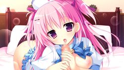 blush breasts censored fellatio game_cg hearts_(company) natsuiro_kokoro_log nipples nurse open_clothes open_shirt oral penis shirt