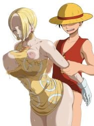 big_breasts blonde_hair blue_eyes breasts_out clothed_sex clothing female from_behind huge_breasts male male/female mikita_(one_piece) miss_valentine monkey_d_luffy nipples one_piece sex sex_from_behind short_hair straw_hat thick_thighs