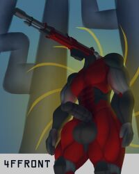 abs affront animate_inanimate balls big_balls bolt_action_rifle erection genitals glowing grey_body gun hi_res humanoid living_weapon low-angle_view magazine_(gun) male multicolored_body muscular muscular_male muscular_thighs nemesis_prototype pecs penis pipe ranged_weapon red_body rifle signature solo synthetik_(game) thick_thighs two_tone_body weapon