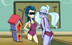 2girls aqua_hair ass blue_hair blue_skin ear_piercings equestria_girls female female_only friendship_games friendship_is_magic goggles indigo_zap looking_at_viewer my_little_pony naked_overalls overalls piccolocwel posing safety_goggles smile smirk sugarcoat tied_hair twintails violet_eyes