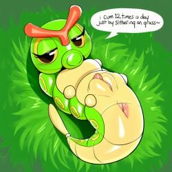 ai_generated bedroom_eyes blush caterpie dialogue english_text female feral generation_1_pokemon genitals glistening grass half-closed_eyes hellsonger hi_res larva looking_at_viewer lying narrowed_eyes nintendo nude on_back plant pokemon pokemon_(species) presenting pussy reptile scalie seductive solo speech_bubble talking_to_viewer text yellow_body yellow_skin