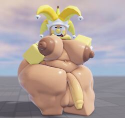 1futa 3d banana_peel_(die_of_death) boxingstudio breasts chubby_futa clown_nose die_of_death_(roblox) futanari jester_hat roblox