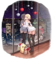 2girls ass azur_lane backless_outfit balloon bare_shoulders black_legwear black_thighhighs blonde_hair blue_eyes blush bow box breasts cg christmas_ornaments city_lights cityscape closed_mouth dark-skinned_female dark_skin dress from_behind full_body garter_straps gift gift_box hair_between_eyes hair_ornament hairband hairbow hairclip hat heart holding indoors kagamine_rin large_breasts long_hair long_sleeves looking_at_viewer looking_back marblehead_(azur_lane) marblehead_(charmer_in_the_snowy_reflection)_(azur_lane) mirror multicolored_hair multiple_girls night night_sky no_shoes off-shoulder_sweater off_shoulder official_art pink_hair reflection reflective_floor ribbed_sweater santa_hat short_hair sky smile snow snowing standing star_(sky) starry_sky stuffed_animal stuffed_toy sweater sweater_dress teddy_bear thighhighs thighs two-tone_hair white_sweater window wooden_floor x_hair_ornament yuri