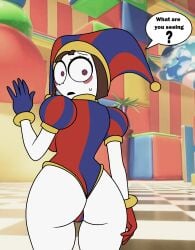 1girls ass big_ass big_butt breasts digital_circus digital_media_(artwork) eroartistry female female_only glitch_productions gloves hand_on_butt jester jester_hat jester_outfit looking_back looking_back_at_viewer medium_breasts nervous pomni pomni_(tadc) pomni_(the_amazing_digital_circus) question_mark talking_to_viewer the_amazing_digital_circus