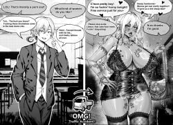 1boy arm_tattoo armlet bar_censor bimbofication body_part_swap body_writing bracelet breast_tattoo breasts censored chest_tattoo chouzetsu_ero_don comic commission dress english english_text female female_pubic_hair fingernails fishnet_thighhighs fishnets genderswap_(mtf) greyscale hair_between_eyes head_swap head_transplant heart highres huge_breasts jewelry large_breasts long_fingernails long_hair monochrome nipple_piercing nipple_rings no_panties original piercing pixiv_commission pubic_hair pussy rule_63 scar scar_on_neck short_dress short_hair speech_bubble spoken_heart stitched_neck stitches tattoo text thighhighs tongue tongue_out