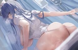 animal_ears ass azur_lane blue_eyes blue_hair blush breasts cg curtains dress female from_behind hat huge_ass huge_breasts indoors large_breasts liaowen long_hair looking_at_viewer looking_back nurse_cap official_art panties red_eyes shirt short_sleeves sitting skindentation solo steam sweat thick_thighs thighhighs thighs underwear voroshilov_(azur_lane) voroshilov_(the_nurse's_special_rehearsal)_(azur_lane) white_dress white_headwear white_panties white_shirt white_thighhighs